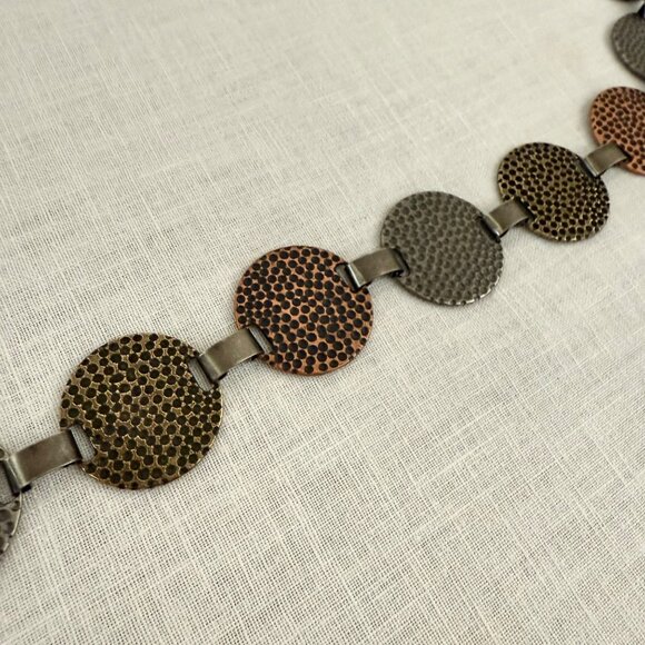 Vintage Hammered Metal Disc Chain Belt Adjustable Length Bronze & Silver Tones - Picture 10 of 11
